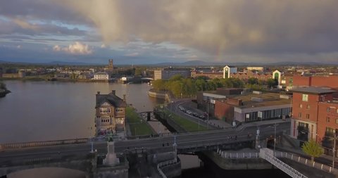 Limerick city weir aerial view at sunset. Limerick, Ireland. May 2019