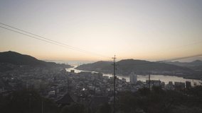 Bird Flying to Hold Cable with View of Onomichi Town, Inland Sea in Morning 