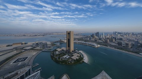 Manama, Bahrain - 27 December, 2019:  Aerial view of  of moving beautiful clouds over Four Season Hotel Bahrain and Juffair cityscape