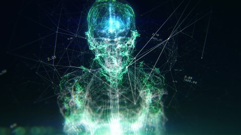 AI Artificial intelligence digital brain and full body sensors showing data. Deep learning computer machine. 3D Human Avatar with Neural Network Connections. 