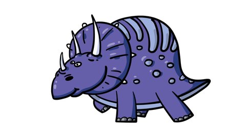 Cartoon dinosaur ceratops walking cycle. Alpha matte included. Cute 2d hand made prehistoric violet animal character animation good for any use. 