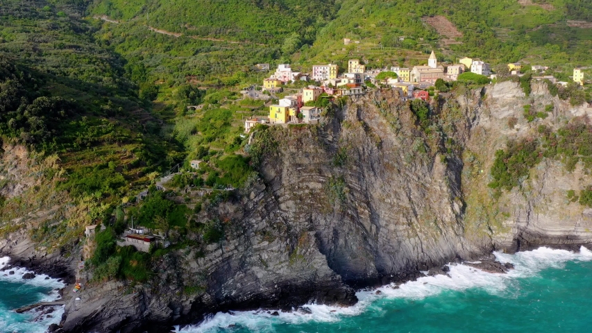 Corniglia - Village of Cinque Terre National Park at Coast of Italy. Province of La Spezia, Liguria, in the north of Italy - Aerial View - Travel destination and attractions in Europe.