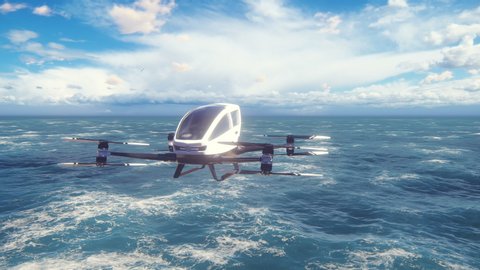 An unmanned passenger air taxi flies over the sea. The concept of the future driverless taxi. 3D rendering of animation.