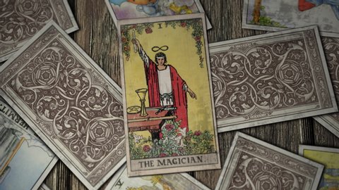 Budapest, Hungary - October 31, 2019: Tarot Cards Deck Shows the Magician, Mysteries, The Magician is associated with the planet Mercury, Roses, The Sign of Infinity