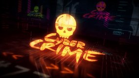 Cyber crime and piracy with skull futuristic cyberpunk style animation. Abstract modern city 3d rendering with glitch effect. Modern cyberspace intro of cybernetic attack, hacking, phishing - Powered by Shutterstock - Get 15% off with code: PIKWIZARD15