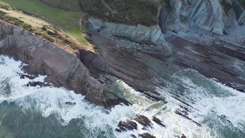 Zumaia and Deba flysch geological strata layers drone aerial view, Basque Country
