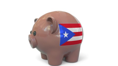 Putting money into piggy bank with flag of Puerto Rico. Tax system system or savings related conceptual 3D animation