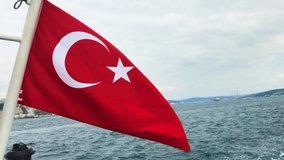Turkish flag rippling in the middle of the sea in Istanbul background Istanbul City panoramic image 4K video shoot buy