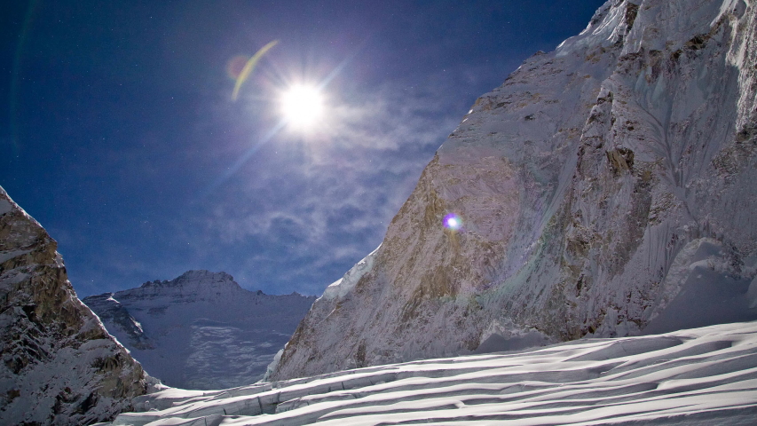 Western CWM at night with the moon rising above the Lhotse face