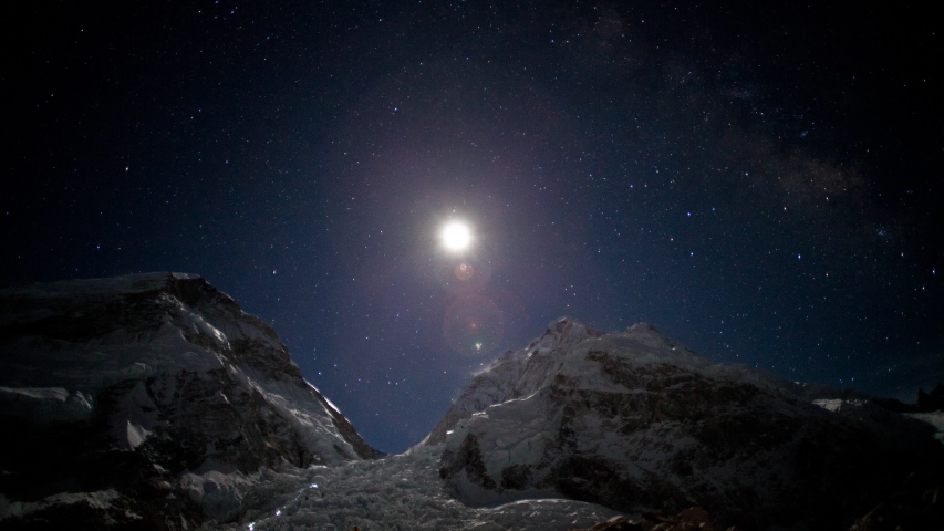 Moonrise over the Khumbu Icefall with clouds racing and headlamps from basecamp