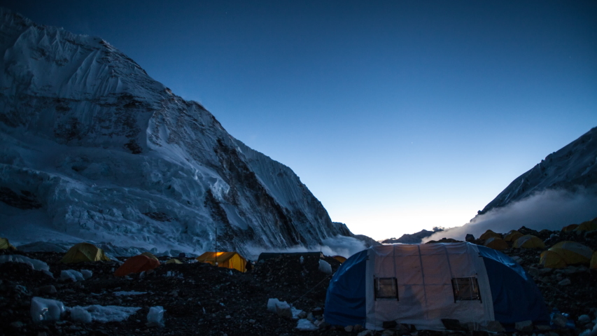 Mess tent at camp 2 day to night on Mt Everest