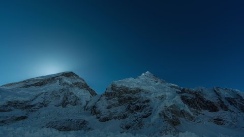 Sun rising over the Khumbu Icefall and Mt-Everest from basecamp