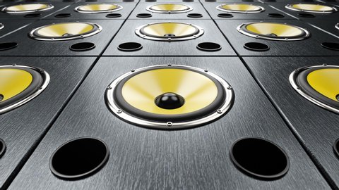 Camera moving from left to right over audio speakers with yellow membranes playing at 90 bpm frequency modern music. Close up seamless loop. Dance music party idea illustration.