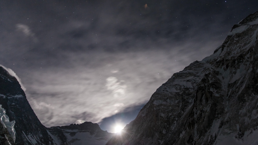 Moon rising over the Lhotse face in the Western CWM on Mt Everest