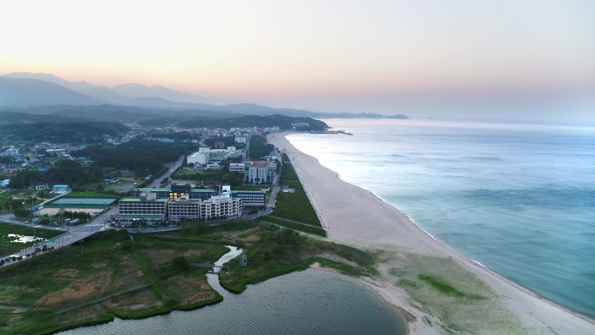 Drone shot of Naksan Beach in Yangyang, Gangwon-do, S.Korea