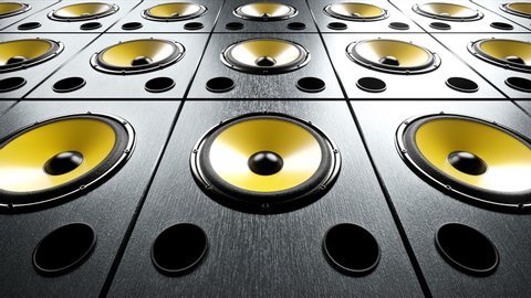 Static view of multiple audio speakers with yellow membranes vibrating at 90 bpm frequency while playing seamlessly looped modern dance or rock music. Close-up seamless loop. Music party idea concept.