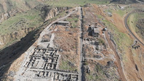Hippos - an archaeological site in Israel, located on a hill overlooking the Sea of Galilee. Between the 3rd century BCE and the 7th century CE, Hippos was a Greco-Roman city. Shooting from the drone.