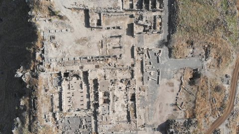 Hippos - Sussita. The ancient city on top of the mountain near the Sea of Galilee. Israel. A drone flies at high altitude above the City, 