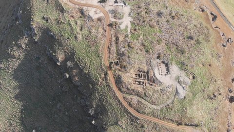 Panoramic view of an ancient settlement Hippos - Sussita. The flight of the drone along the line East - West over the entire territory of the archaeological site.