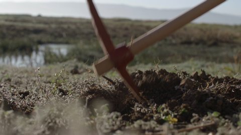Farmer with a pickaxe makes a hole in the ground for planting seedlings, slow motion