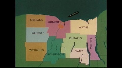 CIRCA 1963 - An animated map is used to situate Rochester, New York.