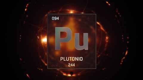 Plutonium as Element 94 of the Periodic Table. Seamlessly looping 3D animation on orange illuminated atom design background with orbiting electrons Name, atomic weight, element number in Spanish language