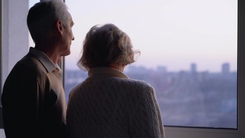 Elderly married couple standing by window together, caring husband hugging wife