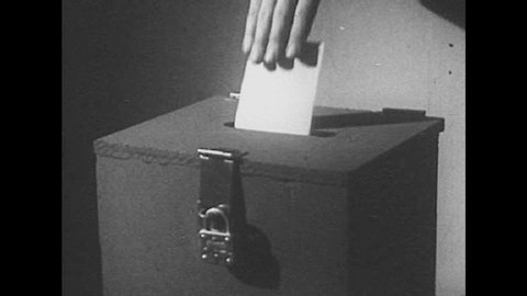 CIRCA 1940s - Workers vote using a ballot box as images of Theodore Roosevelt, campaigning, conventions, and crowds appear.