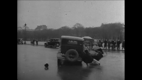 CIRCA 1930s - Nonskid tires and car crashes are shown as well as an automobile stunt show and a munitions fire.