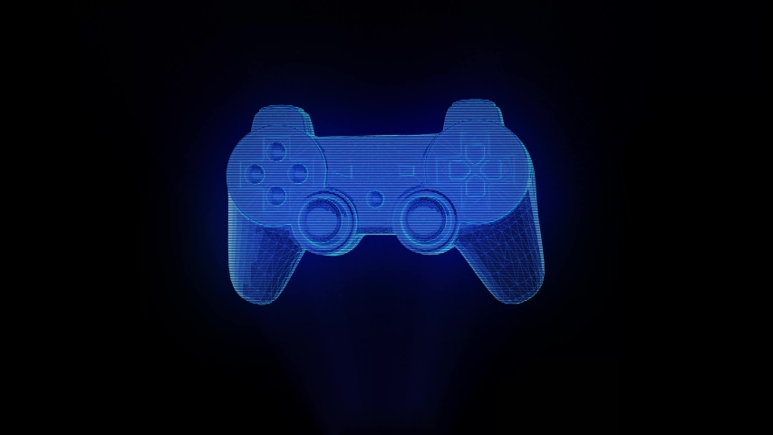 The blue holographic joystick controller from the video console of the future rotates on a black background