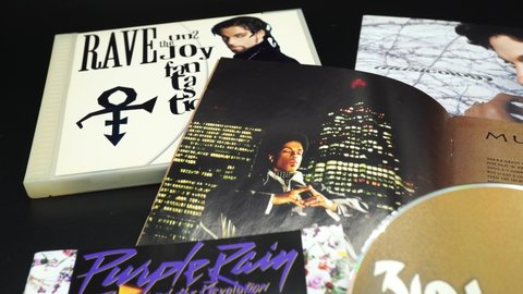 Rome, December 28, 2019: covers and CDs of the 80s and 90s of the singer, musician PRINCE. In 2004 Rolling Stone magazine placed him 27th in the list of the 100 best artists