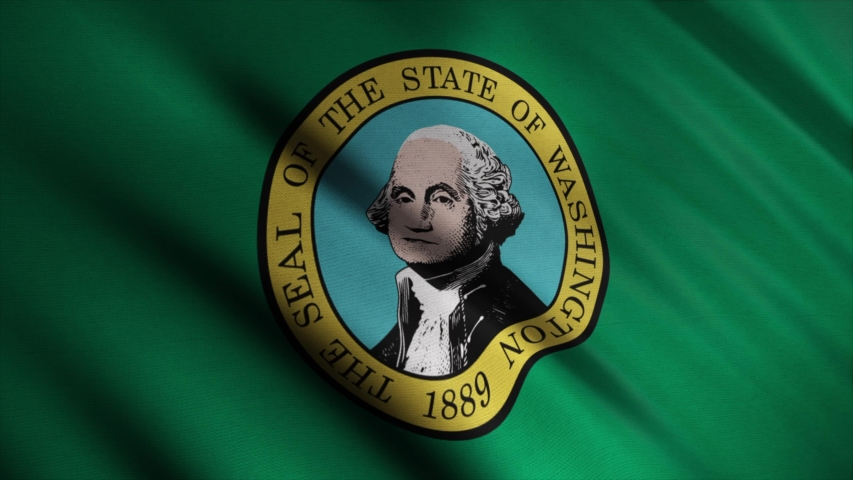 Abstract Washington state's flag waving in the wind. Animation. The flag consists of the state seal, displaying an image of George Washington, on a field of dark green with gold fringe.