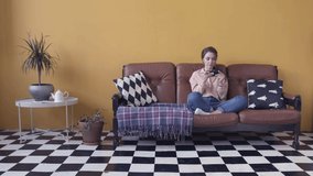 Smiling young woman with dark hair in pink shirt and jeans sitting on the brown couch with pillows and using her smartphone. Stock footage. Woman relaxing at home