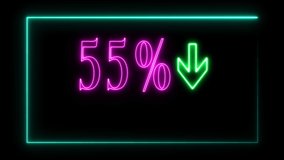 55% sale off neon sign fluorescent light glowing on banner background. Text 55 % sale off by neon lights signboard at night. The best stock neon flickering, flash and blinking color black background