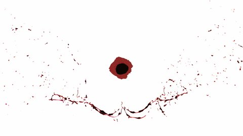 4K Bullet body hole with blood splash animation on white background.Gun shot