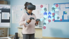 Cute Girl Wearing Augmented Reality Headset and Using Controllers Interacts with 3D Molecule. Futuristic School Science Class for Children Learning in STEM Programs. VFX, Special Effects Rendering - Powered by Shutterstock - Get 15% off with code: PIKWIZARD15