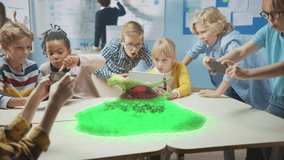 Group of School Children Use Digital Tablet Computers with Augmented Reality Software, Looking at Educational 3D Animation - Dinosaur Walking on Island with Active Volcano. VFX, Special Effects Render - Powered by Shutterstock - Get 15% off with code: PIKWIZARD15