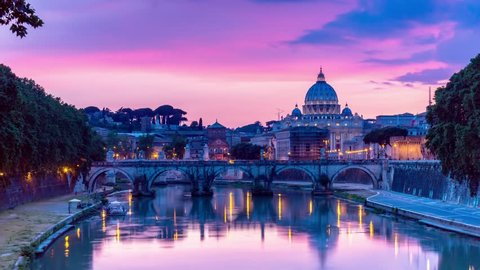 rome skyline st.peter basilica vatican city as seen from  tiber river  time lapse day to night