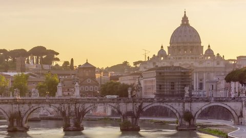 st.peter cathedral vatican city as seen from a tiber river at the sunset time lapse day to night zoom out
