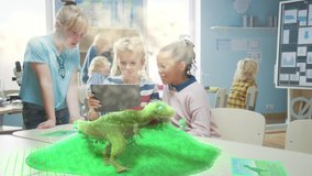 Three Diverse School Children Use Digital Tablet Computer with Augmented Reality Software, Looking at Educational 3D Animation - Dinosaur Walking on Island with Active Volcano. Special Effects FVX - Powered by Shutterstock - Get 15% off with code: PIKWIZARD15