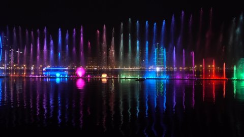 Sharjah music fountain, light show, evening. Singing fountain. The United Arab Emirates Sharjah March 2019