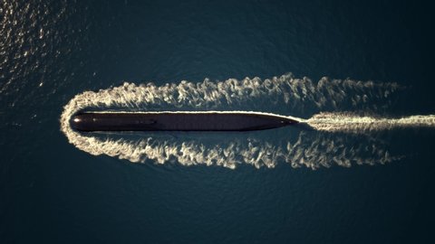 Heavy atomic submarine floating in ocean top view