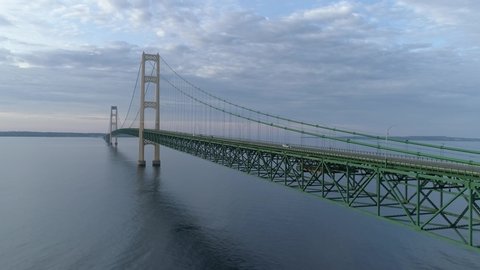 Aerial footage of the Mackinac Bridge "Mighty Mac"at sunset