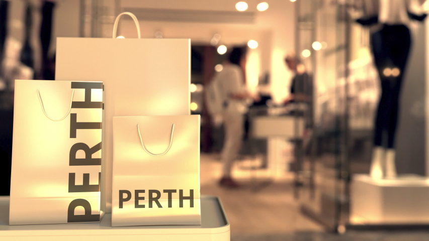 Bags with Perth text. Shopping in Australia related 3D animation