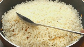 Spoon in the Rice Dish slow motion to reveal the space and chicken. The shot is showing the best rice quality.   Most famous chicken biryani, mixed rice dish 4K and HD stock Video Footage