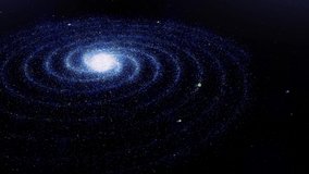 Beautiful abstraction of colorful spiral galaxy rotation in space with billion of stars on the black background. Animation. Particles glowing background
