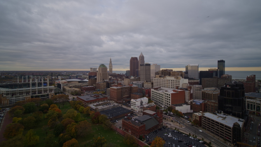 Cleveland Ohio Aerial Slight ascending, panning view of downtown cityscape - October 2017