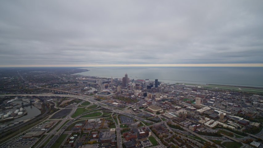 Cleveland Ohio Aerial Flying toward downtown skyline cityscape descending - October 2017 Royalty-Free Stock Footage #1043799403