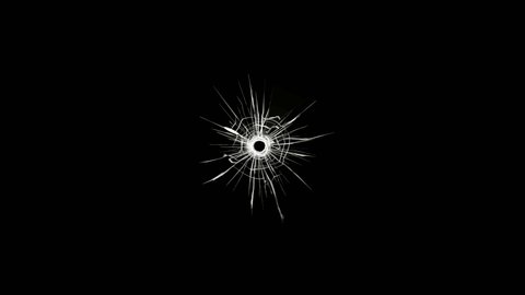 4K Bullet glass hole with glass impact on black background,Glass hit,Gun fire on glass.