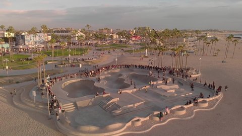 Los Angeles, CA/USA - December 30, 2019: Aerial view of the famous Venice Beach skatepark near the popular boardwalk and Pacific Ocean. Tourists and locals visit during holidays.